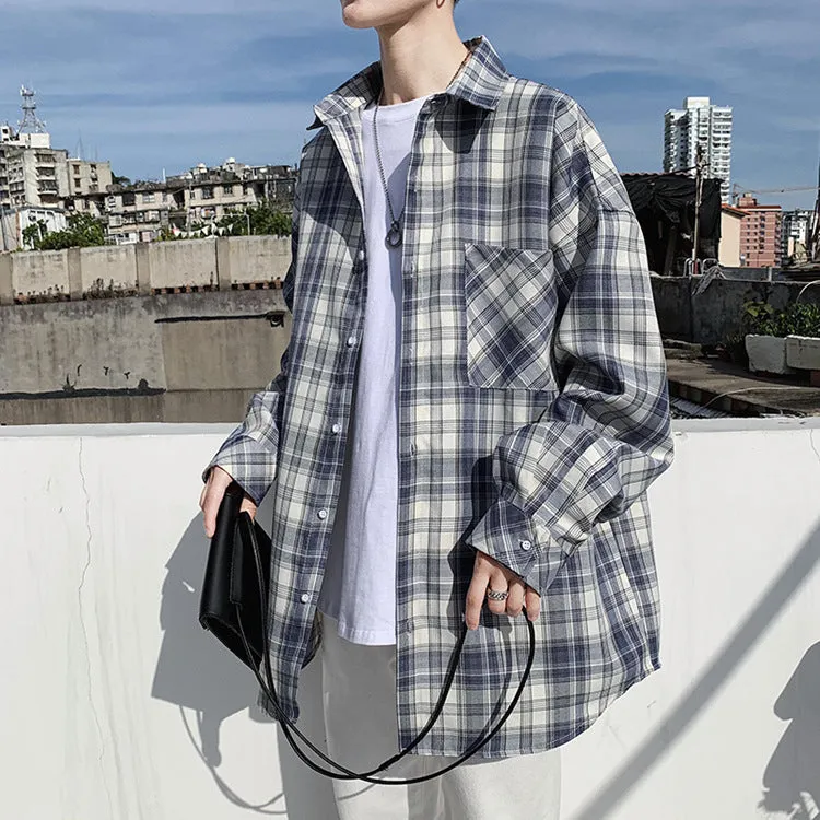 Trendy Chequered Long Sleeved Shirt Loose Hem Outerwear