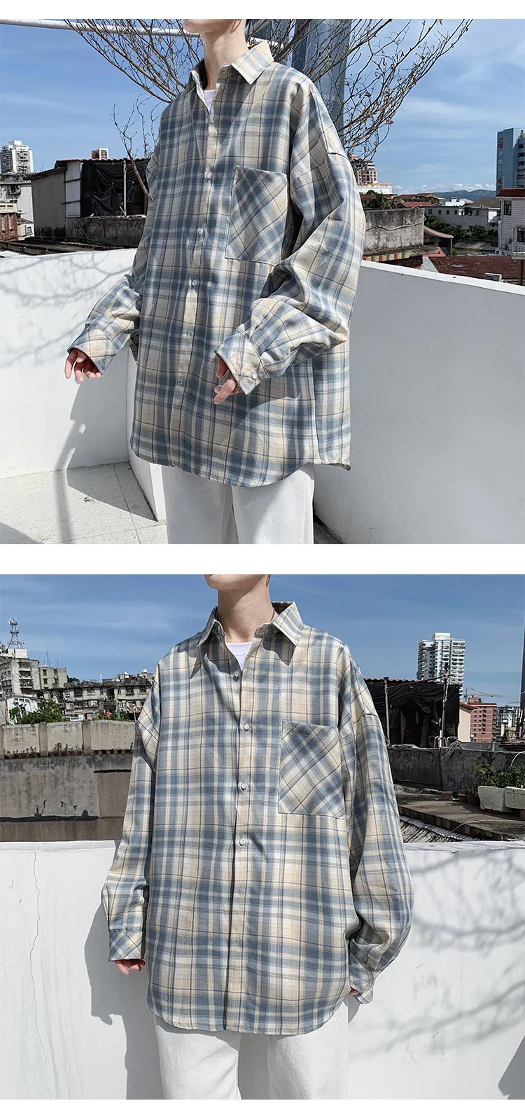 Trendy Chequered Long Sleeved Shirt Loose Hem Outerwear